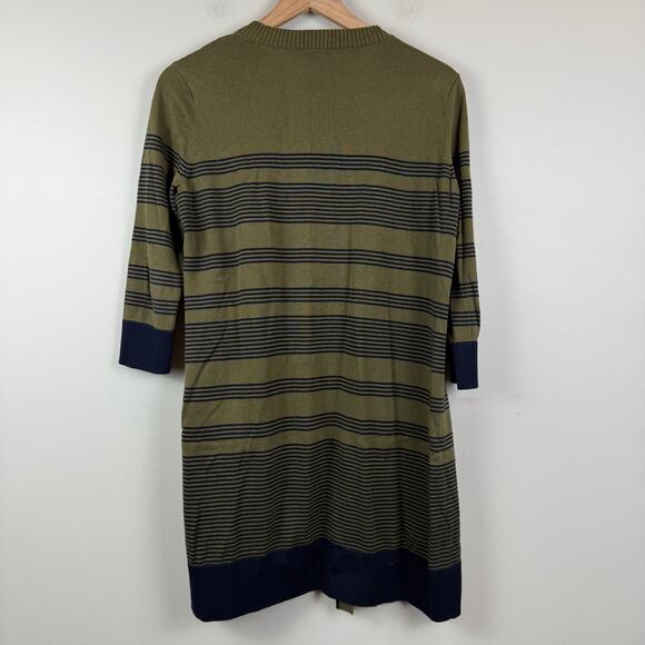 Talbots Cardigan Womens Medium Petite Green Striped 100% Pima Cotton Open Long - Picture 2 of 8